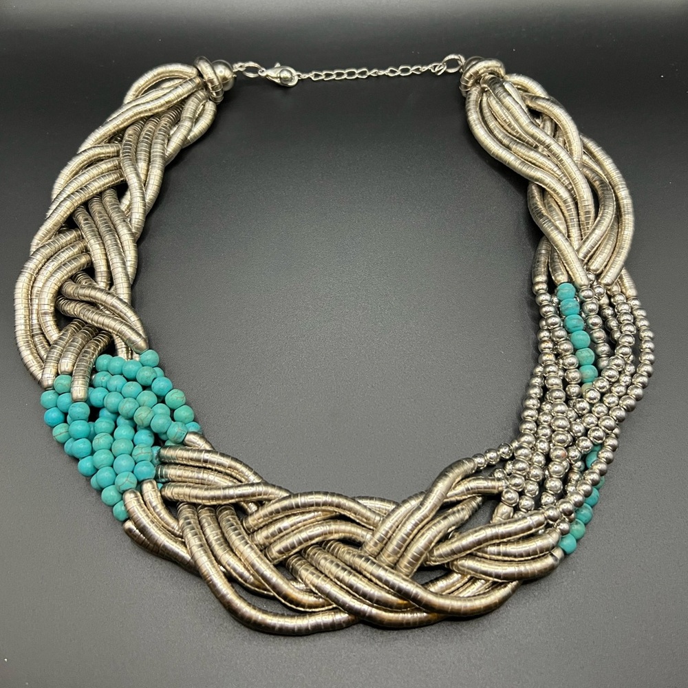 Boho Chic Silver Tone and Turquoise Braided Necklace